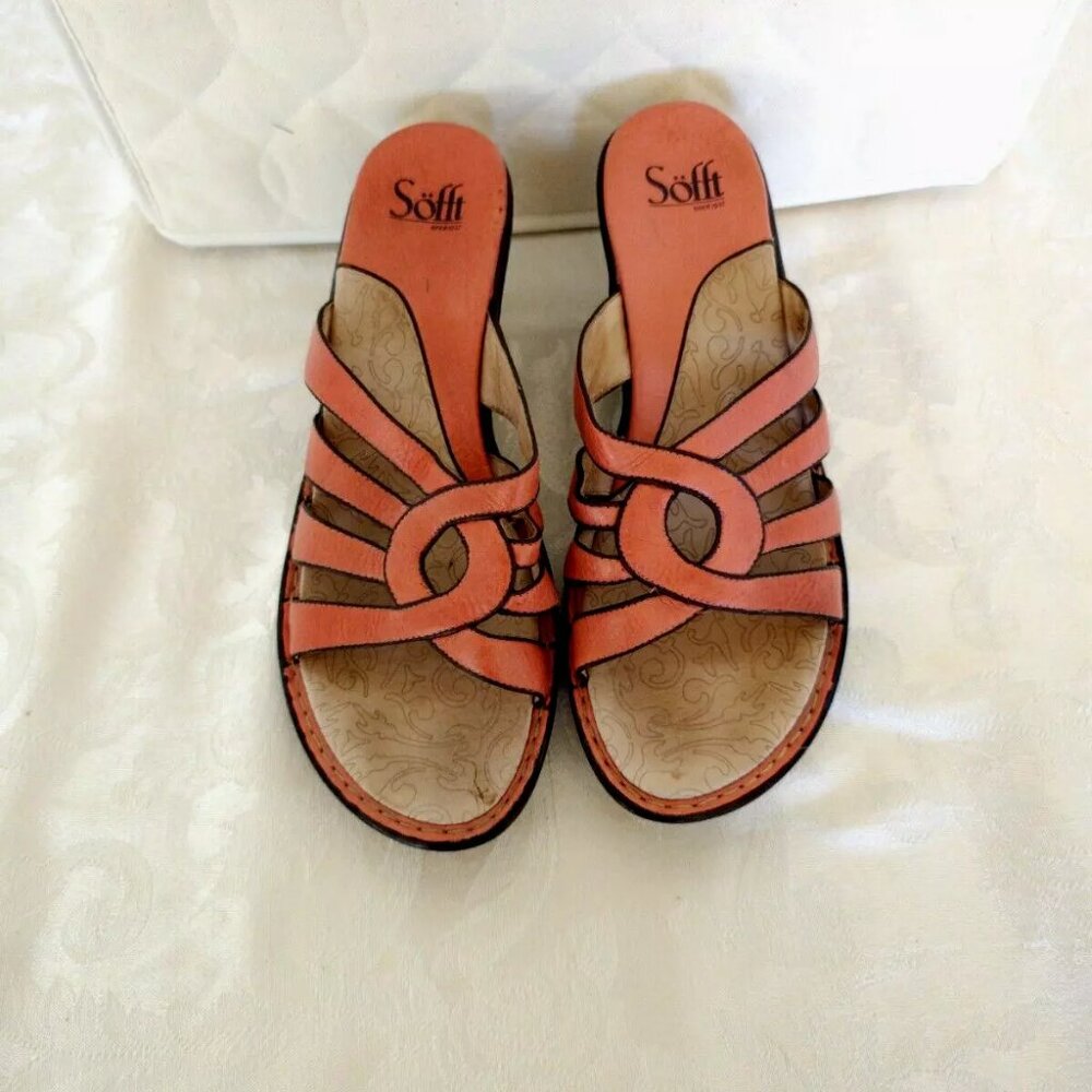 Womens SOFFT Leather Sandals Shoes 10 M Coral Salmon Orange Black Slip On